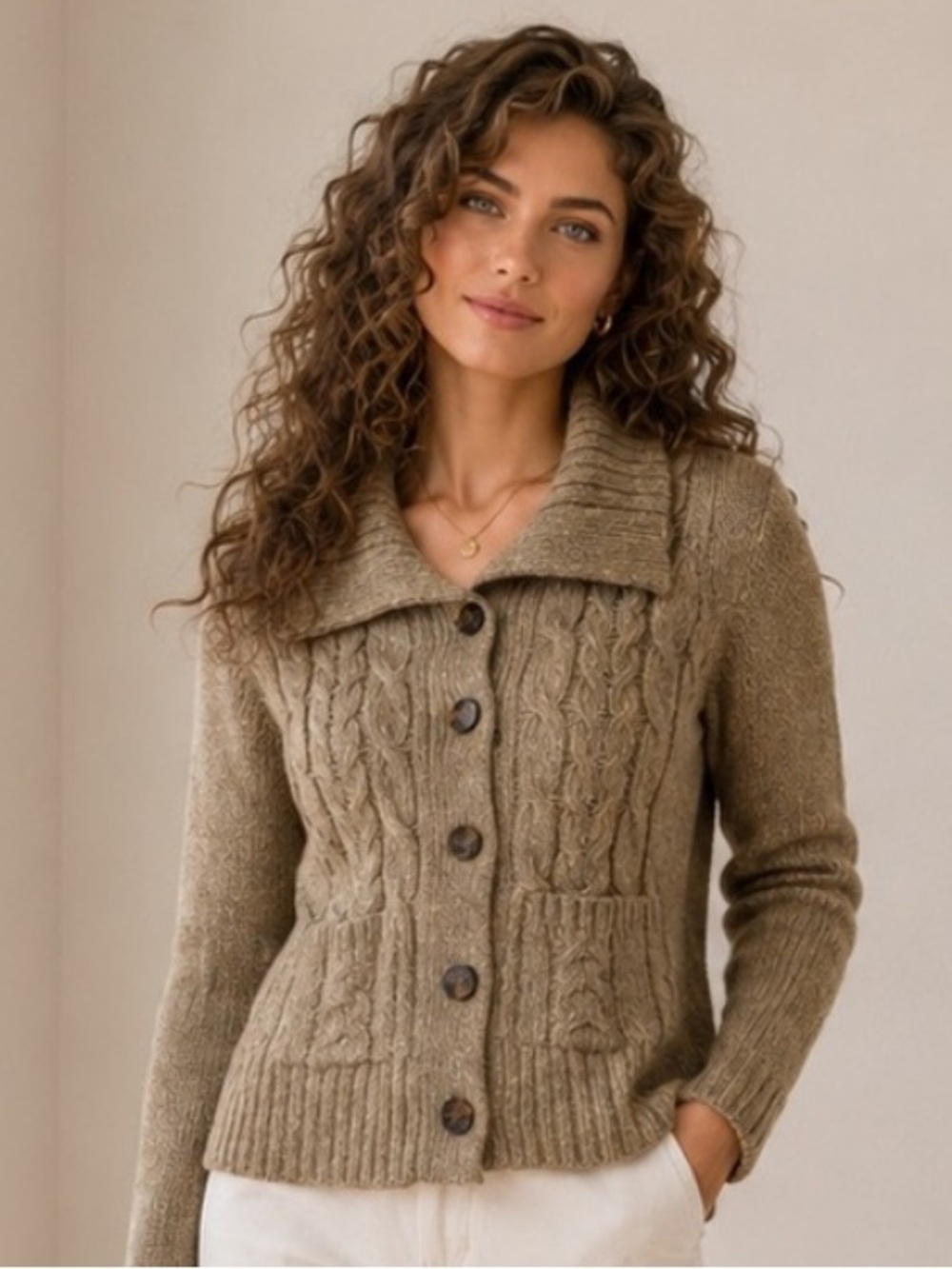 St. John’s Bay Cable Knit Button-Up Cardigan Sweater in Olive Taupe